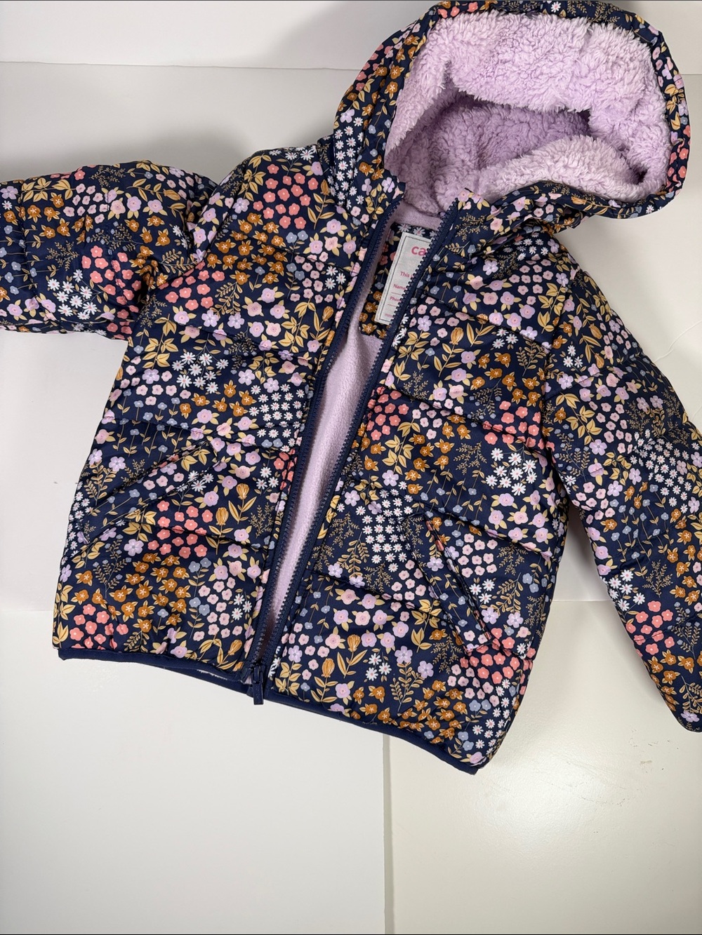 Carter's Navy Floral Puffer Jacket with Lilac Sherpa Hood